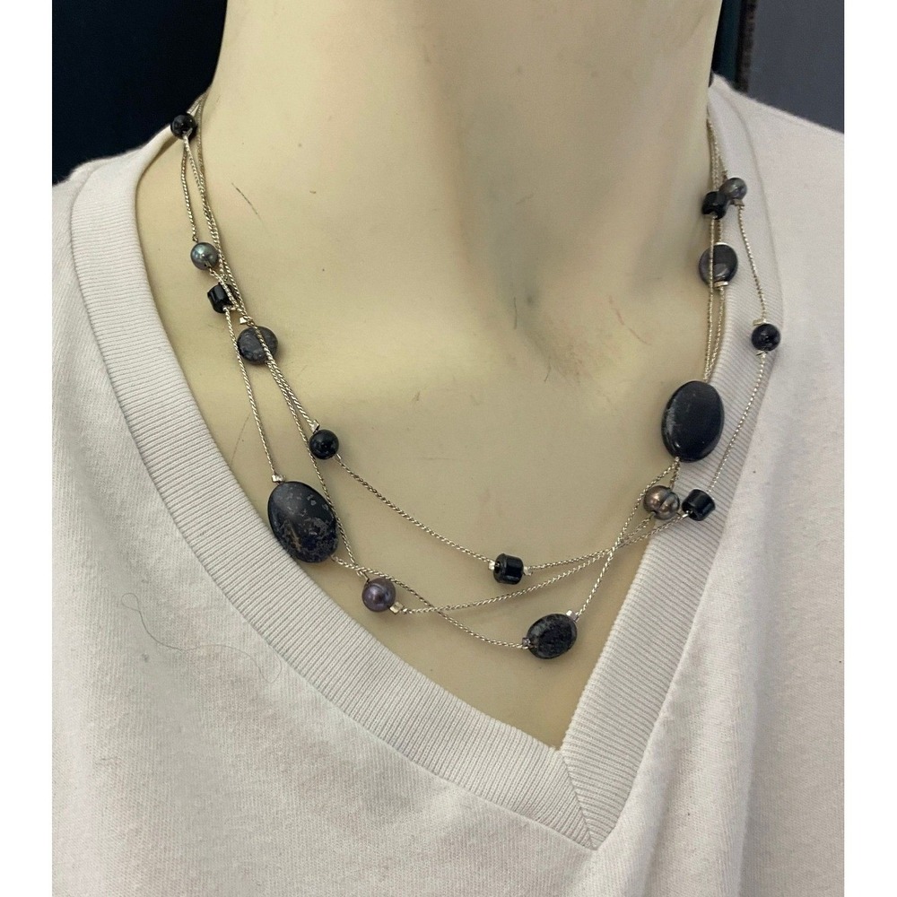 Multi Strand Layered Black Oval Stone Beaded Necklace Silver Tone Womens Jewelry
